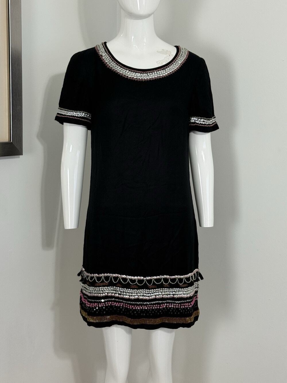 Maeve Anthropologie Women’s Black Sequin Beaded Mini Shift Dress Party Size 2